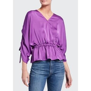 RAMY BROOK Surplice Blouse Purple Suzette Drawstring Sleeve Faux Wrap XS